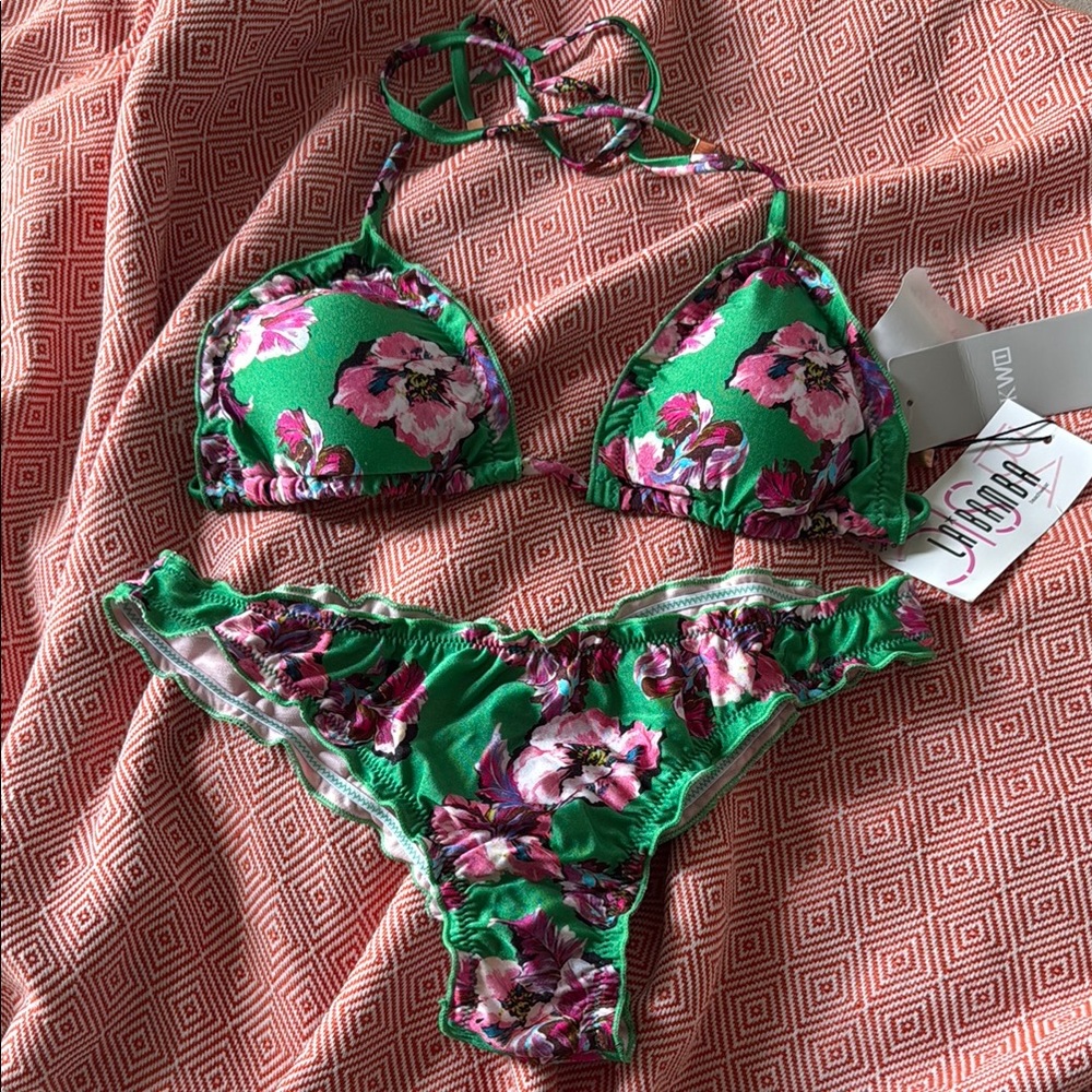 Brazilian Green and Pink Floral Bikini Set